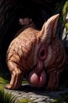 anus balls blush bodily_fluids brown_bear brown_body brown_fur butt cresent_sun feral fur genital_fluids genitals hi_res looking_back male mammal plant presenting presenting_hindquarters prompt prompt_metainfo raised_tail solo solo_focus thick_thighs ursid ursine wide_hips