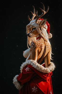 anthro black_background breasts brown_body brown_fur choker christmas_clothing christmas_headwear clothing eyeshadow female fur green_eyes hair hat headgear headwear horn jewelry looking_at_viewer makeup necklace nipples rear_view santa_hat simple_background smile snowflake solo spots undressing white_body white_fur white_hair lunaryth cervid mammal absurd_res hi_res watermark
