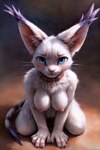 absurd_res anthro blue_eyes blush breast_tuft breasts claws collar crotch_tuft digimon_(species) ear_tuft female fluffy frown gatomon gradient_background hi_res kneeling kneeling_position large_breasts looking_at_viewer mammal natural_breasts nervous_smile nightdancer nipples nude seductive simple_background solo tuft viewed_from_above whiskers