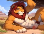 abs absurd_res amber_eyes anthro balls felid genitals glans hi_res lion lion_king looking_at_viewer lying male mammal mane muscular nipples pantherine penis red_mane sahara simba_(the_lion_king) solo