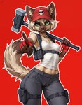 anthro black_hair blonde_hair bottomwear clothing female fingerless_gloves gloves green_eyes hair handwear hat headgear headwear holster pants red_background shirt short_hair simple_background solo tactical_gear tank_top topwear weapon djar17 domestic_cat felid feline felis mammal siamese absurd_res hi_res