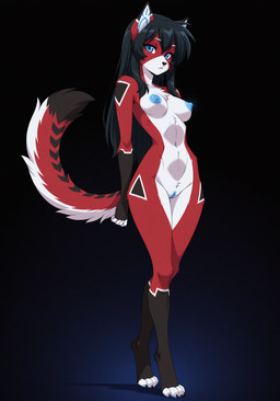 anthro black_background black_hair black_markings blue_eyes blue_nipples blue_pussy breasts chest_tuft cyanotic_epithelium digitigrade female fur genitals hair looking_at_viewer markings navel nipples nude pussy red_body red_fur simple_background solo tail tuft wide_hips sexysickle felid mammal absurd_res full-length_portrait hi_res portrait