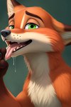 anthro bodily_fluids disney dripping ears_down fur green_eyes looking_at_viewer male mouth_shot narrowed_eyes open_mouth pivoted_ears presenting raised_tail saliva saliva_drip saliva_on_tongue simple_background smile smiling_at_viewer solo teeth tongue tongue_out zootopia angry_puppy nick_wilde canid canine canis fox mammal