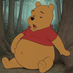 anthro belly big_belly bottomless clothed clothing forest forest_background fur half-closed_eyes male narrowed_eyes nature nature_background navel open_mouth outside plant plushie red_clothing red_shirt red_topwear shirt sitting sitting_on_ground solo topwear tree boxen549 winnie_the_pooh_(franchise) pooh_bear animate_inanimate living_plushie mammal ursid ursine