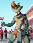 anthro arm_tattoo clothing collar jockstrap lgbt_pride male muscular muscular_male pride_color_flag pride_color_hair pride_colors solo tattoo underwear yopfox helluva_boss chaz_(helluva_boss) fish humanoid marine shark hi_res