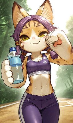 anthro bodily_fluids bra breasts clothing female fur hair purple_hair running smile solo sports_bra sportswear sweat underwear water_bottle t-tdeer caravan_stories waugaga_(caravan_stories) felid feline mammal hi_res