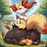 anthro anus big_butt blush braixen butt cecil duo female female/female feral generation_6_pokemon genitals larger_anthro outdoors plant pokemon_(species) puffy_anus pussy sex size_difference tree tribadism vaginal water