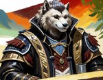 7oxytron anthro armor bar broad_shoulders brown_eyes canid canine canis container cup formal_clothing fur gold_(metal) grey_hair hair male mammal mountains oil_painting_(artwork) painting_(artwork) pauldron pirate sitting solo sunset tan_body tan_fur traditional_media_(artwork) upturned_collar wolf