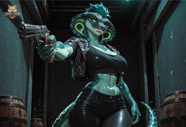 anthro barrel belly big_breasts black_bottomwear black_clothing black_crop_top black_jeans black_leather black_pants black_pupils bottomwear breasts claws clothing crop_top denim denim_clothing female green_body green_eyes green_hair green_markings green_scales green_tail grin grinning_at_viewer gun hair holding_object holding_weapon inside jacket jeans leather leather_clothing leather_jacket leather_topwear living_tail looking_at_viewer markings navel pants pipe plant pupils raised_arm ranged_weapon scales sharp_teeth shirt short_hair slit_pupils small_waist smile snake_snout snake_tail solo standing tail targets_at_viewers teeth teeth_showing thick_thighs toothy_grin topwear unusual_anatomy unusual_tail weapon duraldon cobra reptile scalie snake hi_res