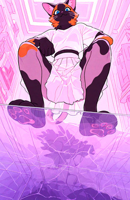 4_toes 5_fingers abstract_background against_surface anthro aquarium blue_eyes bottomwear clothing crouching feet female fingers frilly frilly_clothing fur looking_at_viewer low-angle_view midair multicolored_body multicolored_fur on_glass pastel_colors pawpads shirt skirt smile solo squat squatting_female tail toes topwear translucent translucent_clothing vivarium whiskers white_bottomwear white_clothing white_shirt white_skirt white_topwear loren_iipsum domestic_cat felid feline felis mammal hi_res