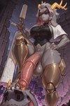 animal_genitalia animal_penis anthro antlers armor balls black_clothing blue_eyes bodily_fluids bottomless butler_(pseudoregalia) capelet clothed clothing dominant dominant_intersex duo equine_penis eyebrows featureless_eyes female floppy_ears foot_on_head fur genitals gray_hair grey_body grey_fur hair hand_on_hip holding_object holding_weapon horn imminent_sex intersex intersex/male leg_armor long_ears looking_down male outside penis saggy_balls shaded_face short_hair short_stack side_locks standing sweat thick_eyebrows topwear vest wavy_mouth weapon white_clothing yellow_horn kotcfacu_(director) pseudoregalia sybil_(pseudoregalia) bovid caprine goat mammal hi_res tagme