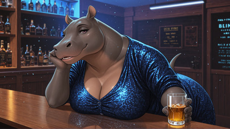 alcohol anthro arm_support bar beverage big_breasts breasts clothed clothing dress female hand_under_chin holding_glass holding_object leaning_on_elbow looking_at_viewer narrowed_eyes open_mouth overweight overweight_female particles reflective_surface short_tail smile solo puffy_peter hippopotamid mammal hi_res