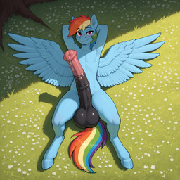 animal_genitalia animal_penis anthro balls big_balls big_penis blue_body blue_fur blush bodily_fluids crossgender equine_penis feathered_wings feathers field fur genital_fluids genitals hair hands_behind_head hooves huge_balls huge_penis hyper hyper_balls hyper_genitalia hyper_penis leaking_precum looking_at_viewer lying lying_on_ground male multicolored_hair multicolored_tail on_back outside penis pink_eyes precum rainbow_hair rainbow_tail smile solo spread_wings wings gertgrg friendship_is_magic my_little_pony rainbow_dash_(mlp) equid equine horse mammal pegasus pony hi_res