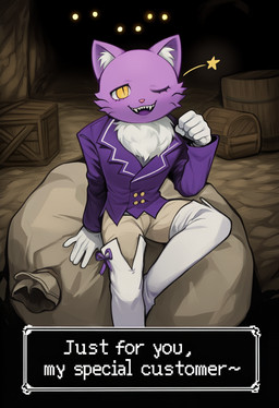 5_fingers anthro blazer boots bottomwear bow_ribbon chest_tuft clothing dialogue dungeon ear_tuft fangs fear_and_hunger fingers footwear fur gloves glowing glowing_eyes handwear innocent_smile inside legwear looking_at_viewer male one_eye_closed open_mouth pants paw_pose pink_nose pocketcat_(fear_&_hunger) pose purple_body purple_clothing purple_fur shadows sitting solo star talking_to_viewer teeth text text_box thigh_boots thigh_highs tuft whiskers white_boots white_clothing white_footwear white_gloves white_handwear yellow_eyes ratarang_(director) domestic_cat felid feline felis mammal english_text hi_res