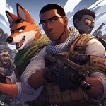 anthro bandanna canid canine clothing eyewear fox ghostrecon9i glasses gloves group gun gunsight handwear human kerchief male mammal military_uniform ranged_weapon rifle topwear trio undead uniform vest weapon zombie