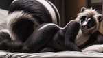 absurd_res anthro bed bedding bedding_background black_body black_fur black_skin brown_eyes female fur furniture furry_body genitals hi_res kiran lying lying_on_bed mammal markings mephitid on_bed pussy skunk solo striped_body striped_markings striped_tail stripes tail_markings white_body white_fur