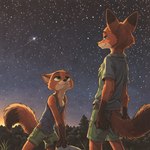 amazing_background anthro arm_support bottomwear clothed clothing detailed_background duo evening forest fully_clothed leaning leaning_forward looking_at_another male night_sky outside plant shorts sky smile star starry_sky tree zootopia lodestone_rock_(director) nick_wilde canid canine fox mammal