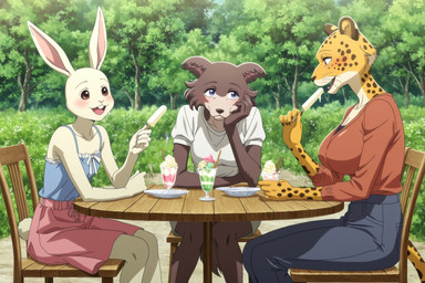 big_breasts blue_eyes blush bottomwear breast_size_difference breasts brown_body brown_fur chair clothed clothing countershading dessert eating female fingers food fully_clothed fur furniture group holding_food holding_object ice_cream multicolored_body open_mouth open_smile outside plant popsicle shirt shorts shrub sitting size_difference smaller_female smile spots spotted_body spotted_fur table teeth tongue toony topwear tree trio white_body white_fur yellow_body yellow_fur unknown_director beastars haru_(beastars) juno_(beastars) sheila_(beastars) canid canine canis cheetah felid feline lagomorph leopard leporid mammal pantherine rabbit wolf hi_res
