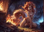 anthro bedroom_eyes clothing female fire flaming_tail forest hooves jewelry kneeling narrowed_eyes naughty_face necklace night panties plant seductive solo tree underwear undressing yellow_body unsauceballs equid equine generation_1_pokemon mammal pokemon_(species) ponyta