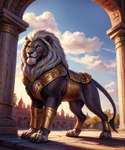 armor claws eye_scar facial_scar feral fur gold_(metal) gold_armor grey_body grey_fur male mane muscular muscular_male palace scar smile solo white_mane yellow_eyes felid feline lion mammal pantherine absurd_res hi_res