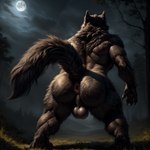 anthro anus backsack balls big_tail butt canid canine canis claws detailed detailed_fur fur genitals hair hi_res male mammal moon muscular night nude outdoors raised_tail rear_view solo taji_(director) thick_thighs were werecanid werecanine werewolf wolf woods