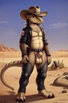 animal_genitalia anthro balls belt chaps clothed clothing cowboy_hat desert genitals hat headgear headwear holster male open_clothing open_topwear open_vest sheath solo topwear vest sasparilla010 canid canine canis coyote mammal night_stalker_(fallout) pit_viper rattlesnake reptile scalie snake viper