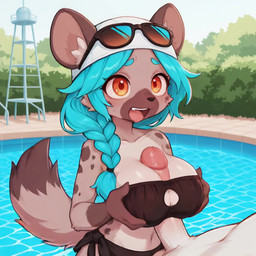 animal_ears animal_nose anthro bandeau between_breasts bikini black_bikini black_clothing black_swimwear blue_hair blush body_fur braided_hair braided_ponytail breast_squish breasts cleavage cleavage_cutout clothed clothing clothing_cutout collarbone duo ears_through_headwear erection eyebrows eyewear eyewear_on_head faceless_character faceless_male fangs female genitals hair hair_over_shoulder hat headgear headwear humanoid_genitalia humanoid_penis large_breasts long_hair male male/female navel open_mouth orange_eyes outside paizuri penis ponytail pool poolside single_braid snout solo_focus squish strapless_clothing sunglasses swimwear tail teeth thick_eyebrows topwear water white_clothing white_headwear kraakai hyaenid mammal animated hi_res short_playtime webm