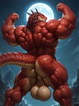 anthro balls big_balls big_butt big_muscles butt flexing full_moon genitals hair invalid_color long_hair looking_back male moon muscular rear_view red_body red_skin solo standing thick_tail veiny_muscles yellow_sclera vanzilen salazar_(watcher_of_realms) scalie skin hi_res