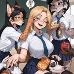 anthro biped bottomwear classroom clothing facial_piercing female group hair juice_box manicure necktie nose_piercing nose_ring piercing ponytail ring_piercing school school_uniform skirt uniform anonymous_director didelphid felid feline human lynx mammal marsupial hi_res