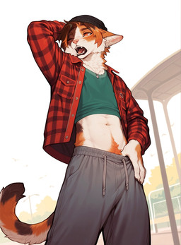 andromorph anthro beanie body_hair bottomwear clothed clothing crop_top fingers flannel front_view fur hair hands_behind_head happy_trail hat headgear headwear intersex jewelry mottled multicolored_body multicolored_fur multicolored_hair necklace open_mouth pants partially_clothed piebald pubes scratching shirt solo standing topwear whiskers yawn cerinil calico_cat domestic_cat felid feline felis mammal hi_res