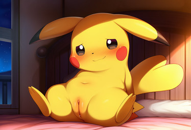 animal_genitalia anus bed bedroom_eyes belly_button blush bodily_fluids body_blush butt clitoris ears_down feet female feral fur furniture genital_fluids genitals gesture hands_behind_back in_bedroom looking_at_viewer narrowed_eyes nervous_smile night on_bed pillow pivoted_ears plump_labia presenting presenting_anus presenting_hindquarters presenting_pussy pussy pussy_blush pussy_juice railing seductive sitting sitting_on_bed sky smile soles solo spread_legs spreading star tail_gesture tail_heart window yellow_body yellow_fur jomisa nintendo pokemon generation_1_pokemon pikachu pokemon_(species)