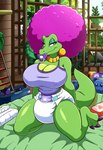 afro_hair anthro big_breasts breasts clean_diaper clothed clothing diaper donkey_kong_(series) ear_piercing ear_ring female green_body green_scales hair jewelry kneeling_on_ground necklace nintendo pacifier piercing purple_hair ring_piercing scales shirt smile solo tank_top topwear wearing_diaper kalypso crocodile crocodilian crocodylid kremling reptile scalie hi_res