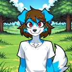 anthro brown_hair clothing grassland hair happy male plant red_eyes shirt smile tail topwear tree renz rennii_(renz) canid canine canis collie domestic_dog herding_dog mammal pastoral_dog sheepdog hi_res