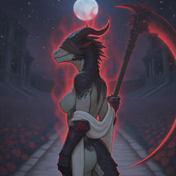 anthro armor aura blind blindfolded breasts building butt clothing female flower gauntlets gloves glowing handwear melee_weapon moon mythology night nipples outside path plant polearm rear_view rose_(flower) scales scar scythe shawl snow snowing solo standing weapon cellz55 dragon mythological_creature mythological_scalie scalie hi_res