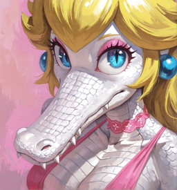 alternate_species anthro anthrofied blonde_hair blue_eyes breasts clothing ear_piercing ear_ring eyeshadow female hair long_hair makeup piercing ring_piercing simple_background solo teeth anonymous_director nintendo super_mario_bros princess_peach crocodile crocodilian crocodylid reptile scalie hi_res