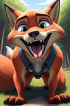 all_fours angry_puppy anthro bodily_fluids bulge canid canine clothing dripping forest forest_background fox green_eyes looking_at_viewer male mammal nature nature_background nick_wilde open_mouth plant police_uniform saliva saliva_drip solo teeth tongue tongue_out tree uniform zootopia