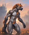 abs anthro balls castle fangs flower foreskin fur genitals hair hyena_fur male muscular muscular_male navel nipples orange_body orange_eyes orange_fur orange_hair penis plant solo spots sunset icefoxai hyaenid mammal hi_res