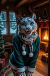 anthro black_body black_fur blue_eyes book cabin candle christmas christmas_lights christmas_ornament christmas_present christmas_theme christmas_tree clock clothed clothing curtains curtains_open female fire fireplace fluffy fluffy_tail forest fur fur_markings furniture green_clothing grey_body grey_fur hands_on_legs happy inner_ear_fluff legwear leopard_spots light looking_at_viewer markings open_mouth pink_nose pink_tongue plant rug scarf sharp_teeth shelf snow snow_leopard_markings solo spots spotted_markings standing stockings sweater table teeth tongue topwear tree tuft wall_(structure) whisker_spots whiskers window winter winter_clothing wood_floor wood_wall wooden_building wool_clothing yiffybee felid leopard mammal pantherine snow_leopard absurd_res hi_res