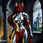 anthro armor bottomless castle clothed clothing cloudy female fireplace genitals looking_at_viewer pussy solo standing denis0k canid canine canis mammal wolf