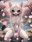 amaterasu_(okami) anthro black_sclera breasts canid cherry_blossom cherry_blossom_tree cherry_tree convenient_censorship detailed_background director_myrlonel female front_view fruit_tree fur hair hi_res hot_spring looking_at_viewer mammal markings medium_breasts ofuda ofuda_on_breast plant red_markings sitting solo spread_legs spreading talisman tattoo tree tuft water white_body white_fur white_hair womb_tattoo yellow_eyes