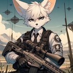 anthro black_nose blue_sky clothing dall-e_3 day fingerless_gloves fur gloves grey_eyes gun handwear holding_gun holding_object holding_weapon male necktie outside ranged_weapon rifle sky solo tactical_gear weapon white_body white_fur lucifluffy wilek canid canine fennec fox mammal