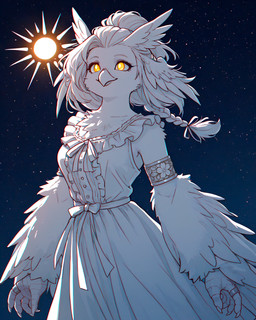 avian_arms bangle belt bow_ribbon braided_hair chest_tuft chromatic_aberration clothed clothing cosmic_background dress eyebrows eyelashes feather_hair feathered_arms feathered_wings feathers female frilly frilly_clothing hair head_wings jewelry light ponytail pseudo_hair ribbons ring scuted_hands scutes sky solo space space_background star starry_background starry_sky sun sunlight tuft white_body white_feathers wings yellow_eyes loren_iipsum avian bird owl hi_res