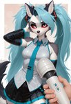 abstract_background anthro blue_hair bottomwear breasts clothing collared_shirt female frown fur grey_body grey_fur hair hand_behind_head hitachi_magic_wand looking_at_viewer medium_breasts mouth_closed necktie notched_ear pov_hands red_sclera sex_toy skirt solo standing very_long_hair vibrator wand_vibrator white_body white_eyes white_fur ayo_keito helluva_boss hatsune_miku_(character) loona_(helluva_boss) canid canid_demon demon hellhound mammal absurd_res hi_res