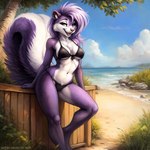 anthro beach_background bikini clothed clothing female fifi_la_fume fluffy fluffy_tail hair mammal mephitid multicolored_body nipple_outline outside purple_body purple_eyes purple_hair seductive skunk smile solo swimwear two_tone_body unknown_director