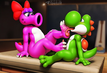 3_toes 4_fingers accessory ambiguous_gender anthro barefoot biped blue_eyes blush bodily_fluids bow_ribbon claws duo erection feet fingers foot_fetish foot_lick foot_on_penis foot_play footjob genitals green_body hindpaw licking male male/ambiguous narrowed_eyes nude open_mouth pawpads paws penile penis pink_body purple_eyes pussy ribbons sex siphon_(anatomy) sitting soles tail tapering_penis text toe_claws toes tongue tongue_out white_body sergalbutt mario_(series) birdo dinosaur green_yoshi reptile scalie yoshi signature url