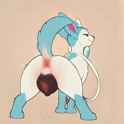 animal_genitalia animal_pussy anus big_butt big_pussy bodily_fluids bouncing_butt butt canine_genitalia canine_pussy crouching dripping female feral genital_fluids genitals looking_at_viewer looking_back looking_back_at_viewer pussy pussy_juice pussy_juice_drip pussy_juice_on_leg pussy_juice_puddle pussy_juice_string quadruped rear_view shaking_butt simple_background smile solo zamiai nintendo pokemon canid canine eeveelution generation_6_pokemon mammal pokemon_(species) shiny_pokemon sylveon animated hi_res short_playtime webm