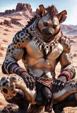 anthro balls black_balls bodily_fluids bottomwear bottomwear_aside canine_snout chest_tuft clothing clothing_aside crouching desert digitigrade foreskin genital_fluids genitals hands_on_legs hunched_over jewelry leaking_precum loincloth loincloth_aside looking_at_viewer male mane masturbation necklace notched_ear penis precum pubes solo solo_focus sunny tribal tribal_clothing tribal_jewelry tribal_necklace tuft yellow_eyes chaosai gnoll humanoid hyaenid mammal animated huge_filesize short_playtime webm