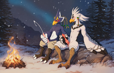 anthro avian_feet bodily_fluids campfire casual_masturbation cum cumshot duo ejaculation genital_fluids genitals looking_at_another looking_at_partner looking_down looking_pleasured male male/male masturbation mutual_masturbation night nude nude_male outside penis sky slit snow star starry_sky lightning7 nintendo the_legend_of_zelda revali teba_(tloz) avian rito absurd_res hi_res