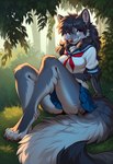 anthro bottomwear breasts clothing female looking_at_viewer medium_breasts miniskirt outside paws school_uniform sitting skirt solo uniform foxlover7796 hioshiru canid canine canis mammal wolf hi_res