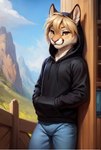 anthro blonde_hair bottomwear brown_eyes clothing denim denim_clothing fur hair hands_in_both_pockets hoodie jeans male pants smile solo tan_body tan_fur topwear mindry heath_(mindry) cougar felid feline mammal